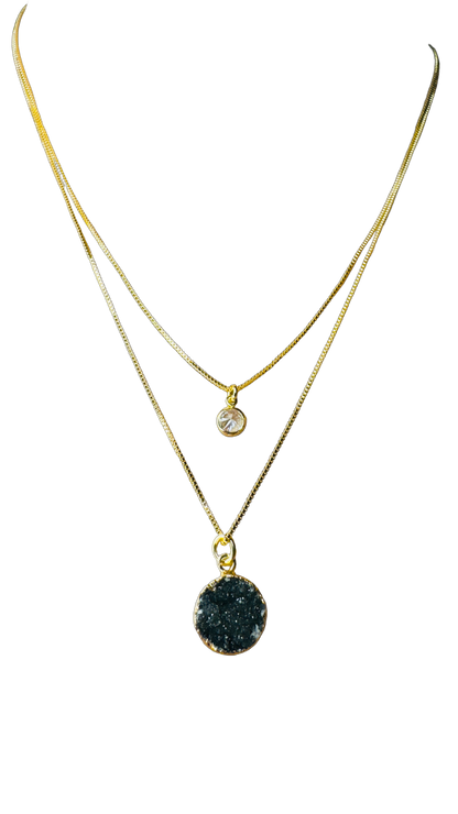 Gold Plated Point of Light Double String Necklace with Drusa de Ágata (Agate Druzy) and Zirconia