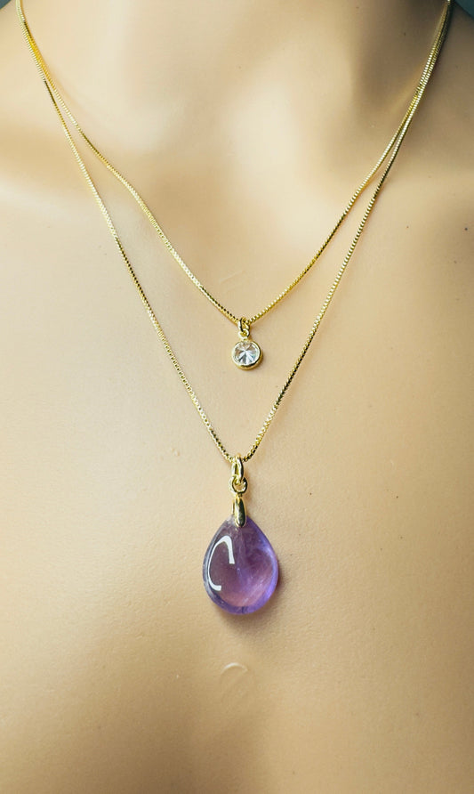 Gold Plated Point of Light Double String Necklace with Ametista (Amethyst) and Zirconia