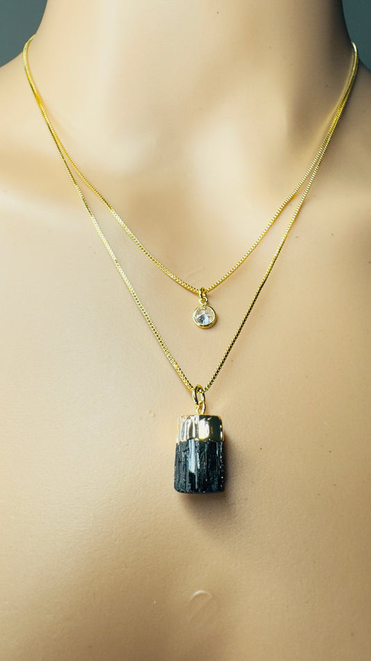 Gold Plated Point of Light Double String Necklace with Turmalina Negra (Black Tourmaline) and Zirconia