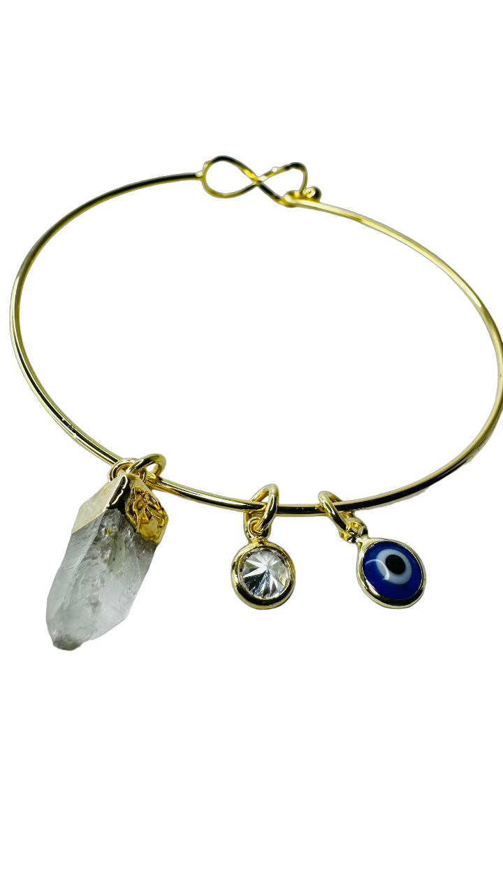 Natural Stone Trio Bracelet - Cristal De Rocha (Rock Crystal), Zirconia Ponto de Luz (Zirconia Point of Light) & Olho Grego (Evil Eye) charm - Gold Plated