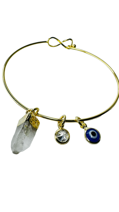 Natural Stone Trio Bracelet - Cristal De Rocha (Rock Crystal), Zirconia Ponto de Luz (Zirconia Point of Light) & Olho Grego (Evil Eye) charm - Gold Plated