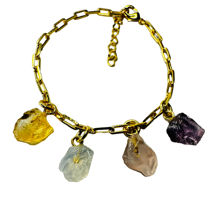 Gold Plated Bracelet Quartet - Citrino (Citrine), Cristal Milk (Milky Crystal), Quartzo Rosa (Rose Quartz) and Ametista (Amethyst)