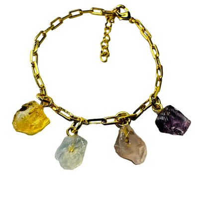 Gold Plated Bracelet Quartet - Citrino (Citrine), Cristal Milk (Milky Crystal), Quartzo Rosa (Rose Quartz) and Ametista (Amethyst)