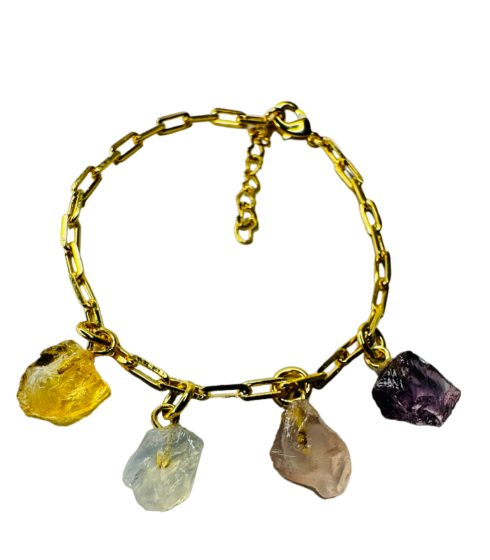 Gold Plated Bracelet Quartet - Citrino (Citrine), Cristal Milk (Milky Crystal), Quartzo Rosa (Rose Quartz) and Ametista (Amethyst)