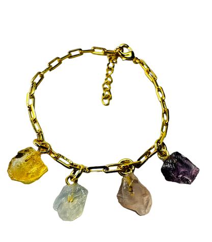 Gold Plated Bracelet Quartet - Citrino (Citrine), Cristal Milk (Milky Crystal), Quartzo Rosa (Rose Quartz) and Ametista (Amethyst)