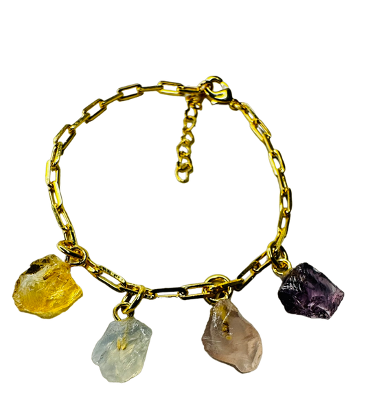 Gold Plated Bracelet Quartet - Citrino (Citrine), Cristal Milk (Milky Crystal), Quartzo Rosa (Rose Quartz) and Ametista (Amethyst)