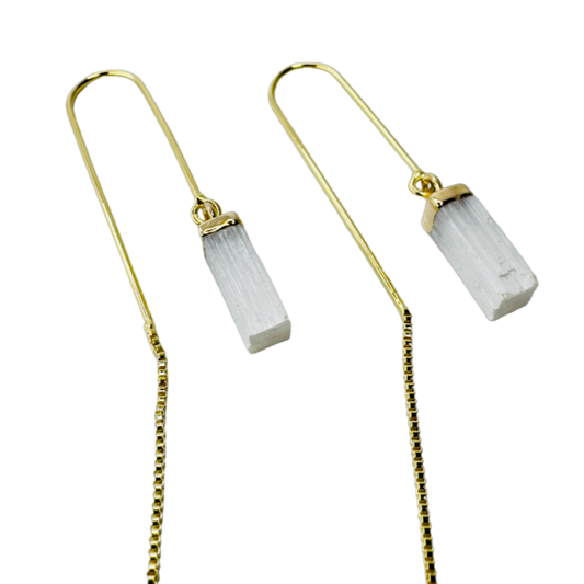 Natural Stone Selenita Branca (White Selenite) Hook Earring - Gold Plated