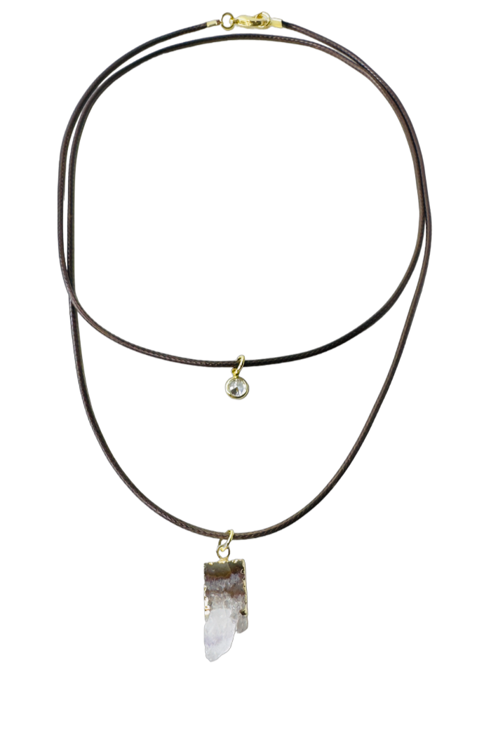 Double String Leather Necklace - Drusa de Ametista (Amethyst Druzy) and Point of Light Zirconia