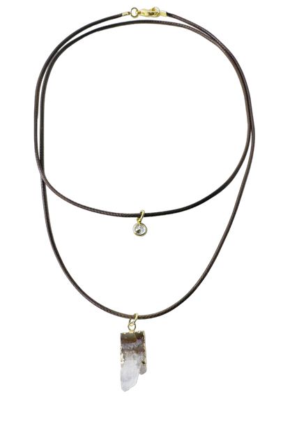 Double String Leather Necklace - Drusa de Ametista (Amethyst Druzy) and Point of Light Zirconia