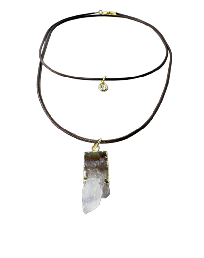 Double String Leather Necklace - Drusa de Ametista (Amethyst Druzy) and Point of Light Zirconia