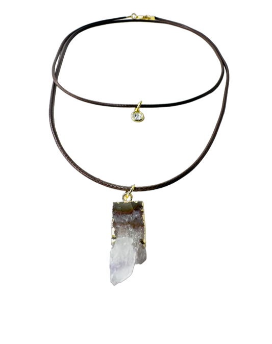 Double String Leather Necklace - Drusa de Ametista (Amethyst Druzy) and Point of Light Zirconia