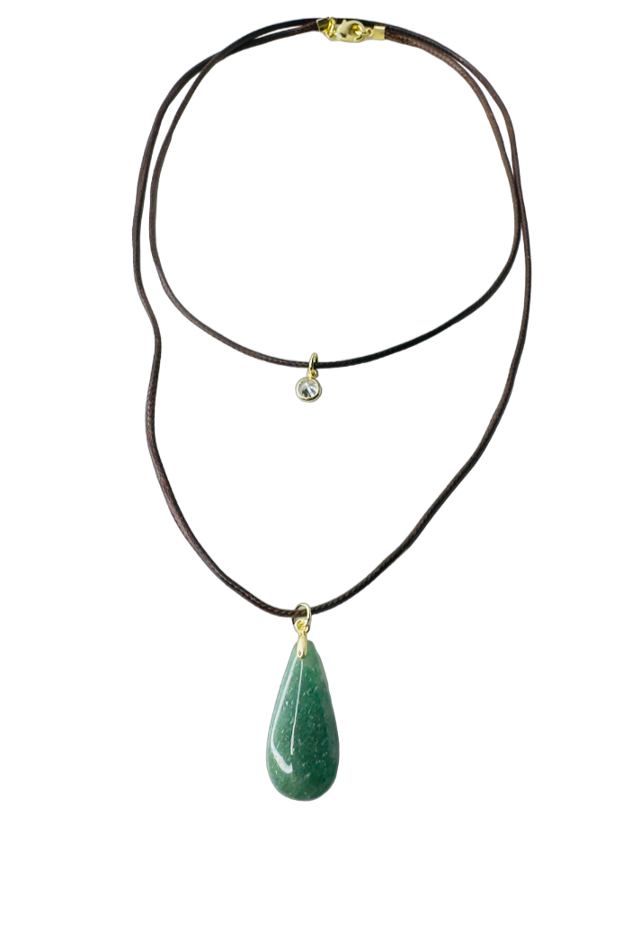 Double String Leather Necklace - Quartzo Verde (Green Quartz) and Point of Light Zirconia - Gold Plated