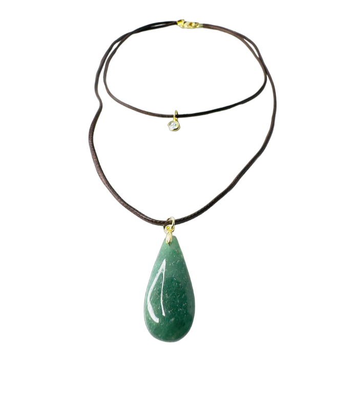 Double String Leather Necklace - Quartzo Verde (Green Quartz) and Point of Light Zirconia - Gold Plated