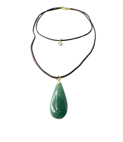 Double String Leather Necklace - Quartzo Verde (Green Quartz) and Point of Light Zirconia - Gold Plated