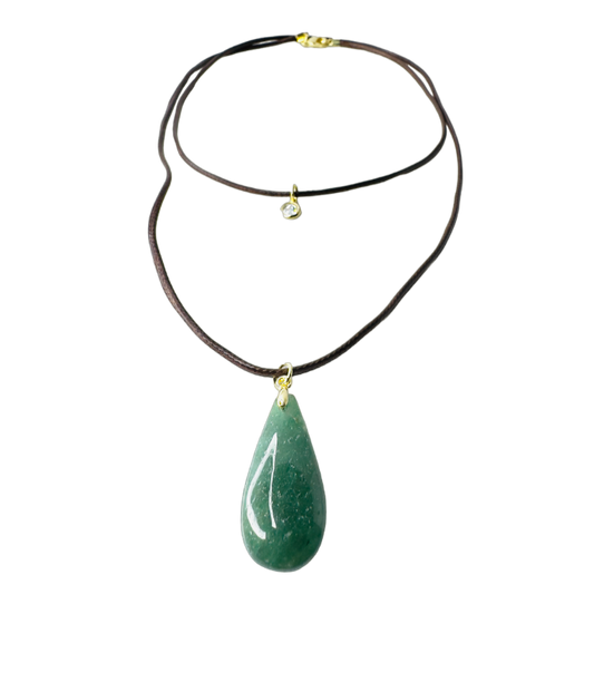 Double String Leather Necklace - Quartzo Verde (Green Quartz) and Point of Light Zirconia - Gold Plated