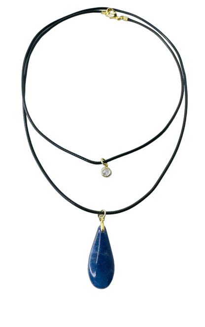 Double String Leather Necklace - Sodalita (Sodalite) and Point of Light Zirconia - Gold Plated