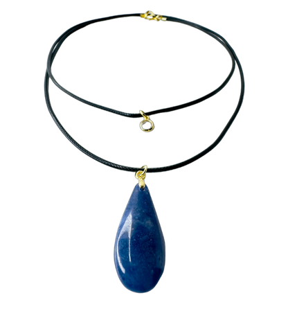 Double String Leather Necklace - Sodalita (Sodalite) and Point of Light Zirconia - Gold Plated