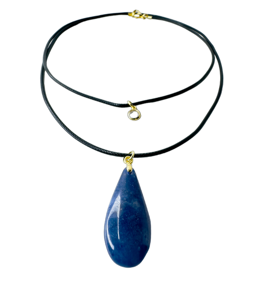 Double String Leather Necklace - Sodalita (Sodalite) and Point of Light Zirconia - Gold Plated