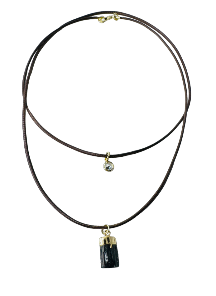 Double String Leather Necklace - Turmalina Negra (Black Tourmaline) and Point of Light Zirconia - Gold Plated