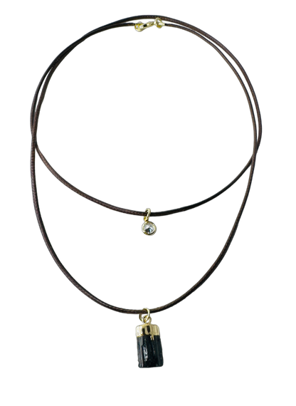 Double String Leather Necklace - Turmalina Negra (Black Tourmaline) and Point of Light Zirconia - Gold Plated