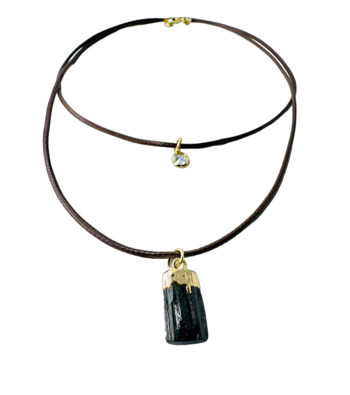 Double String Leather Necklace - Turmalina Negra (Black Tourmaline) and Point of Light Zirconia - Gold Plated