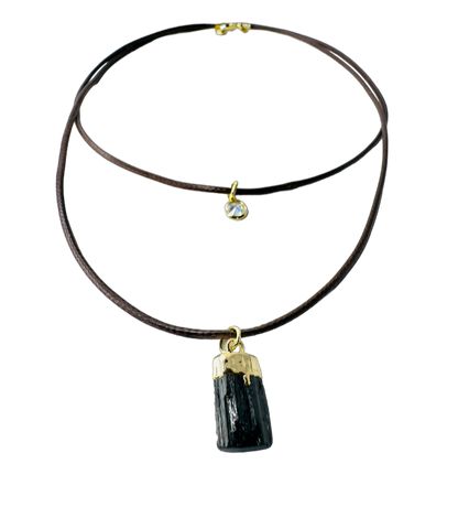 Double String Leather Necklace - Turmalina Negra (Black Tourmaline) and Point of Light Zirconia - Gold Plated