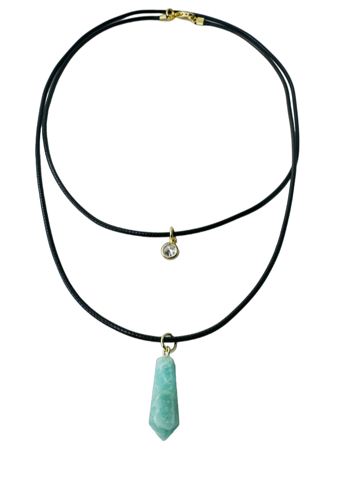 Double String Leather Necklace - Amazonita (Amazonite) and Point of Light Zirconia - Gold Plated