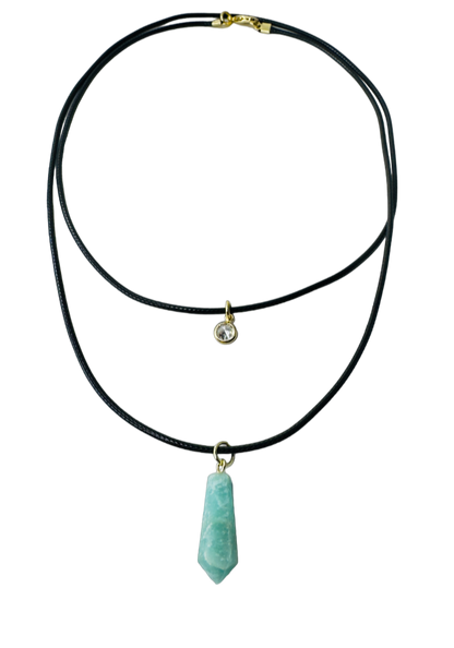 Double String Leather Necklace - Amazonita (Amazonite) and Point of Light Zirconia - Gold Plated