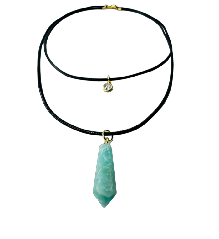 Double String Leather Necklace - Amazonita (Amazonite) and Point of Light Zirconia - Gold Plated