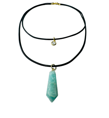 Double String Leather Necklace - Amazonita (Amazonite) and Point of Light Zirconia - Gold Plated