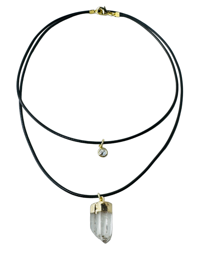 Double String Leather Necklace - Cristal de Rocha (Rock Crystal) and Point of Light Zirconia - Gold Plated