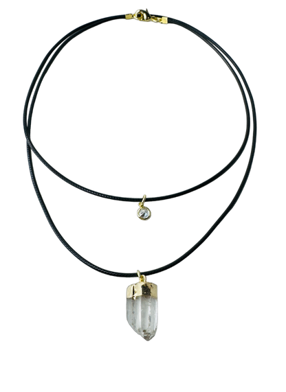 Double String Leather Necklace - Cristal de Rocha (Rock Crystal) and Point of Light Zirconia - Gold Plated