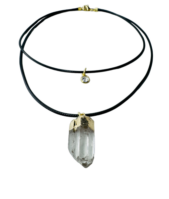 Double String Leather Necklace - Cristal de Rocha (Rock Crystal) and Point of Light Zirconia - Gold Plated