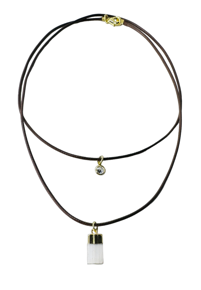 Double String Leather Necklace - Selenita Branca (White Selenite) and Point of Light Zirconia - Gold Plated