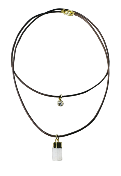 Double String Leather Necklace - Selenita Branca (White Selenite) and Point of Light Zirconia - Gold Plated