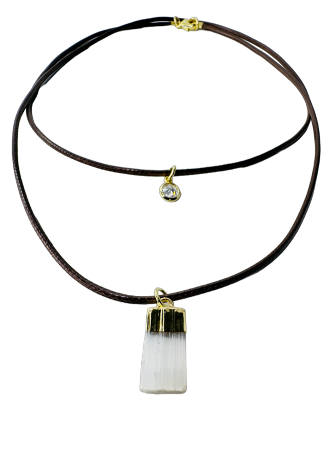 Double String Leather Necklace - Selenita Branca (White Selenite) and Point of Light Zirconia - Gold Plated