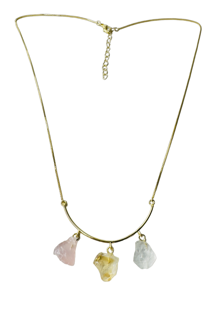 Half Moon Gold Plated Necklace Trio - Quartzo Rosa (Rose Quartz), Citrino (Citrine), and Cristal de Rocha (Rock Crystal)