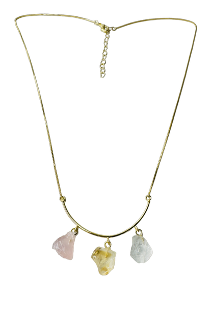 Half Moon Gold Plated Necklace Trio - Quartzo Rosa (Rose Quartz), Citrino (Citrine), and Cristal de Rocha (Rock Crystal)