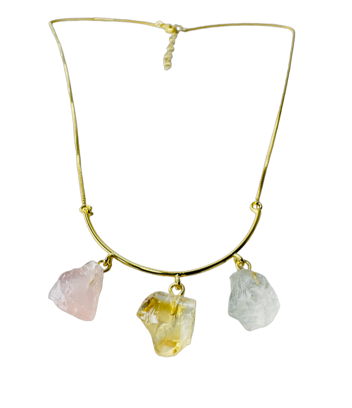 Half Moon Gold Plated Necklace Trio - Quartzo Rosa (Rose Quartz), Citrino (Citrine), and Cristal de Rocha (Rock Crystal)