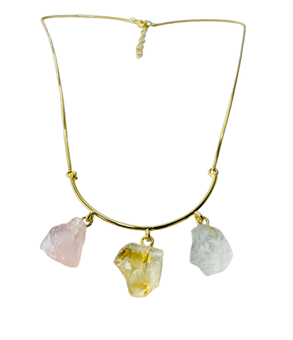 Half Moon Gold Plated Necklace Trio - Quartzo Rosa (Rose Quartz), Citrino (Citrine), and Cristal de Rocha (Rock Crystal)