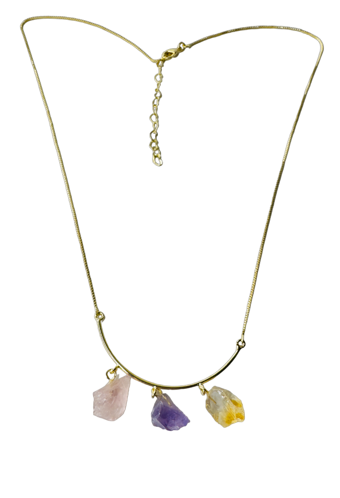 Half Moon Gold Plated Necklace Trio - Quartzo Rosa (Rose Quartz), Ametista (Amethyst), and Citrino (Citrine)