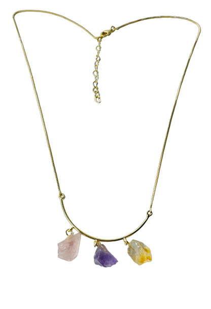 Half Moon Gold Plated Necklace Trio - Quartzo Rosa (Rose Quartz), Ametista (Amethyst), and Citrino (Citrine)