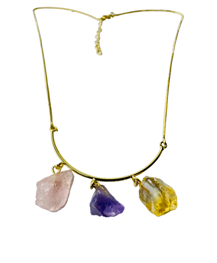 Half Moon Gold Plated Necklace Trio - Quartzo Rosa (Rose Quartz), Ametista (Amethyst), and Citrino (Citrine)