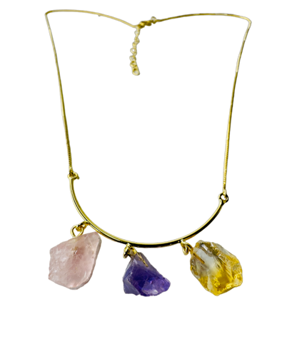 Half Moon Gold Plated Necklace Trio - Quartzo Rosa (Rose Quartz), Ametista (Amethyst), and Citrino (Citrine)