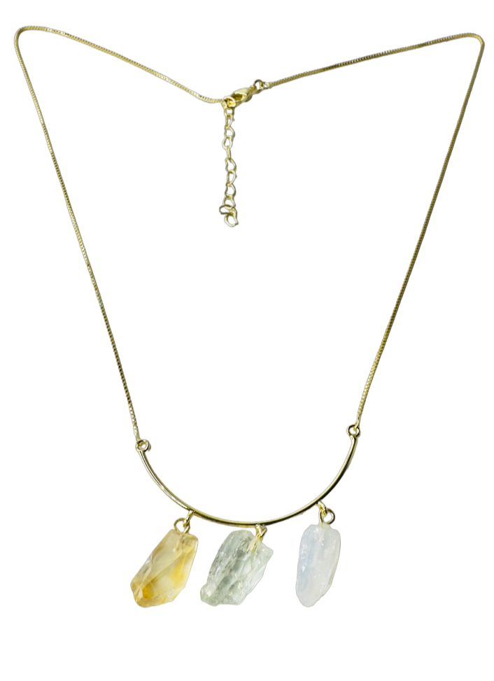 Half Moon Gold Plated Necklace Trio - Citrino (Citrine), Prasiolita (Prasiolite), and Cristal Milk (Milky Quartz)