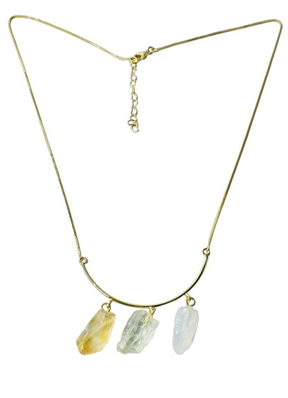 Half Moon Gold Plated Necklace Trio - Citrino (Citrine), Prasiolita (Prasiolite), and Cristal Milk (Milky Quartz)