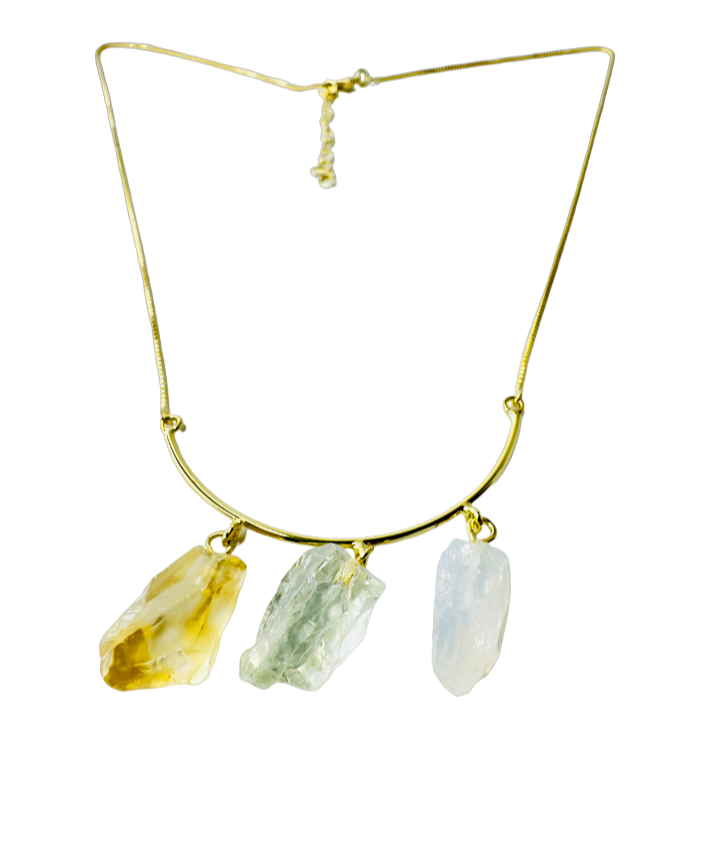 Half Moon Gold Plated Necklace Trio - Citrino (Citrine), Prasiolita (Prasiolite), and Cristal Milk (Milky Quartz)