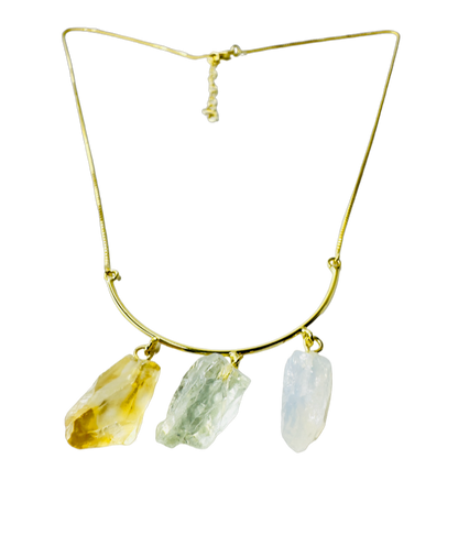 Half Moon Gold Plated Necklace Trio - Citrino (Citrine), Prasiolita (Prasiolite), and Cristal Milk (Milky Quartz)