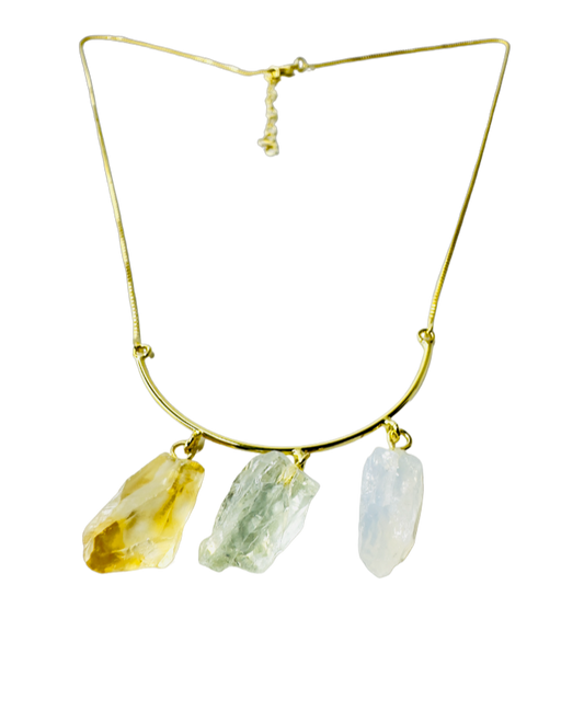 Half Moon Gold Plated Necklace Trio - Citrino (Citrine), Prasiolita (Prasiolite), and Cristal Milk (Milky Quartz)