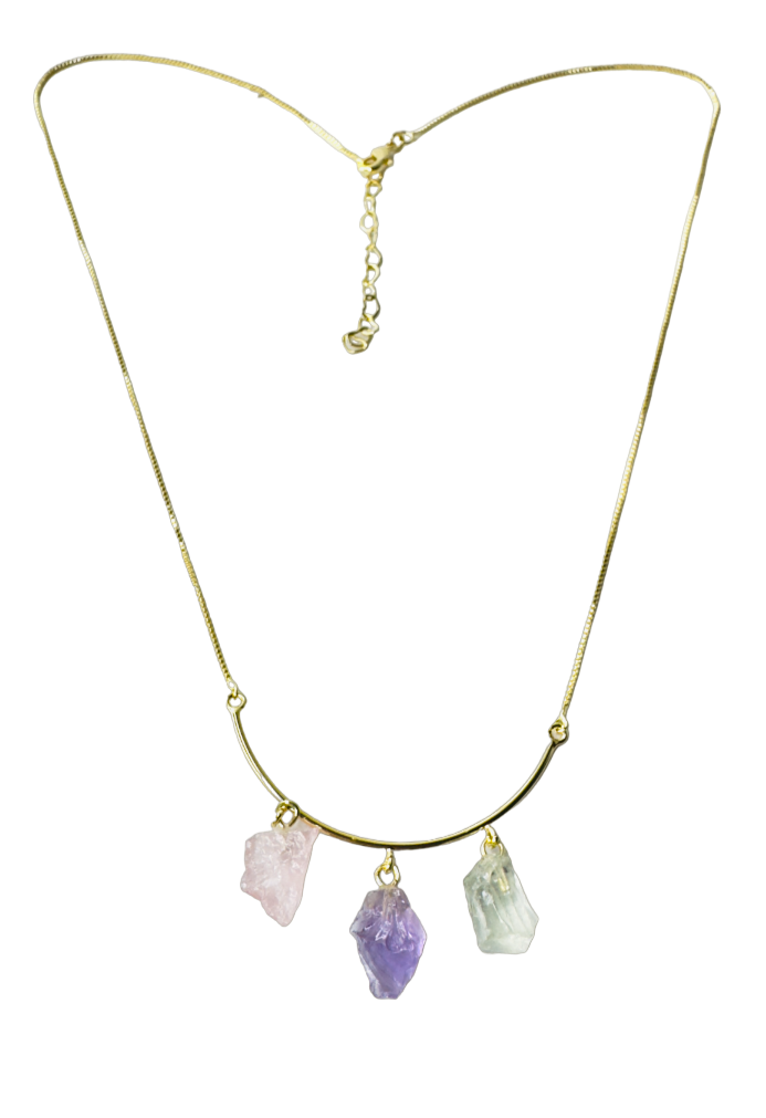 Half Moon Gold Plated Necklace Trio - Quartzo Rosa (Rose Quartz), Ametista (Amethyst), and Prasiolita (Prasiolite)